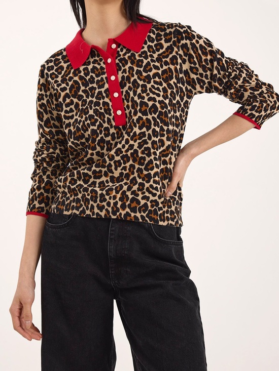 Brodie Cashmere Sweaters - Leopard Print Polo Sweater with Red Trim